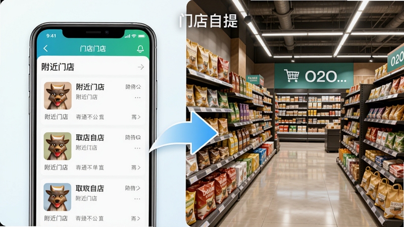 大商天狗App的“门店自提”功能示意图,画面左侧是手机App界面显示“附近门店”列表,右侧是实体商超内部货架,中间用箭头连接,表示线上订单线下取货,整体色调明亮,突出便捷高效的O2O购物模式