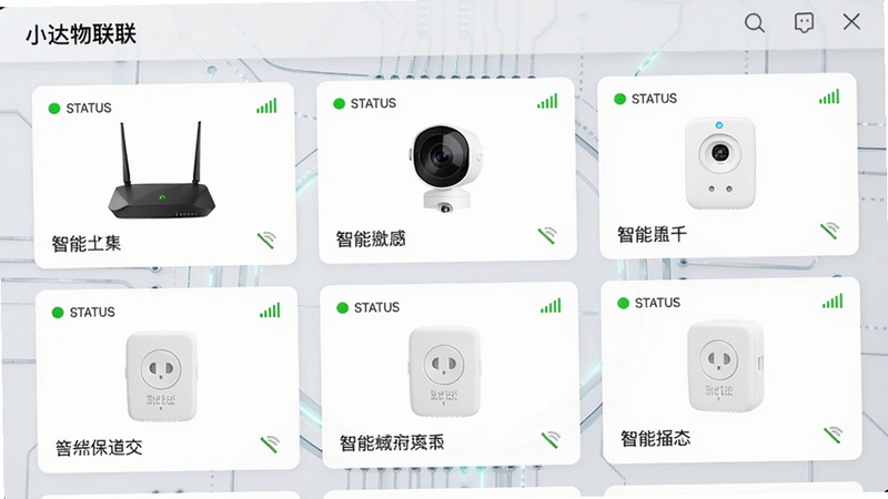 小达物联的设备列表页面截图,展示多个智能设备卡片,包括路由器、摄像头、智能插座,每个卡片带有状态指示灯与信号强度图标,背景为浅灰色科技感纹理,突出功能清晰与界面整洁