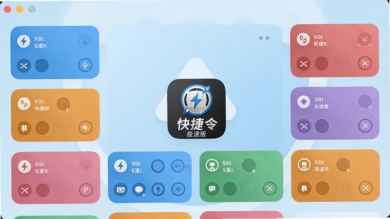 一张展示快捷指令极速版软件主界面的高清截图,界面包含多个彩色指令卡片,背景为干净的浅蓝色渐变色,整体风格现代简洁,突出“快捷指令极速版”的Logo,画面主体位于中心,周围留出适当空白区域,适配Boogu模型生成