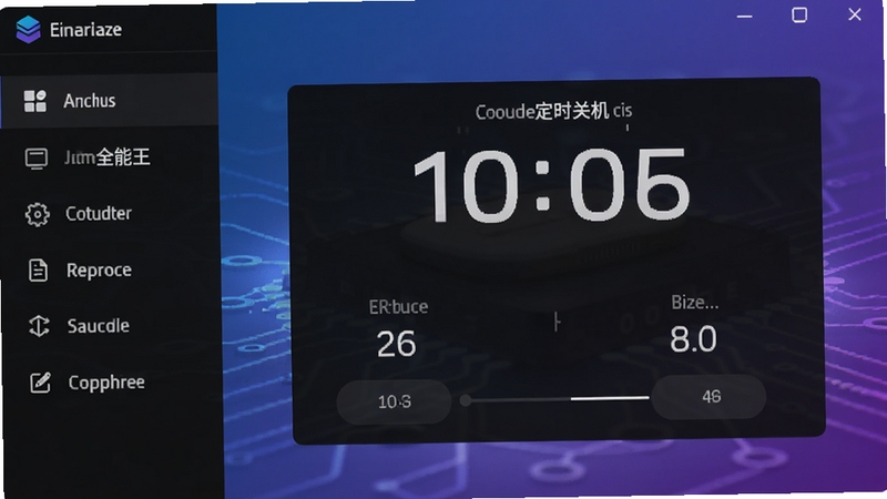 全能王定时关机主界面预览图,展示简洁深色主题,左侧功能菜单,右侧时间设置面板,背景为渐变蓝紫科技感,整体风格干净现代