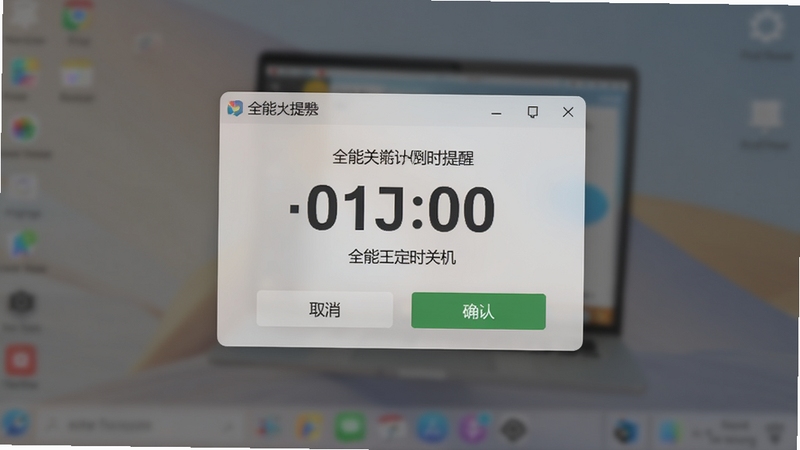 全能王定时关机倒计时提醒弹窗,显示剩余时间数字,带有取消与确认按钮,背景为模糊桌面,风格柔和