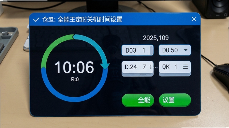 全能王定时关机时间设置界面,显示倒计时圆环与日期选择器,界面清晰,按钮醒目,背景为浅色工作台