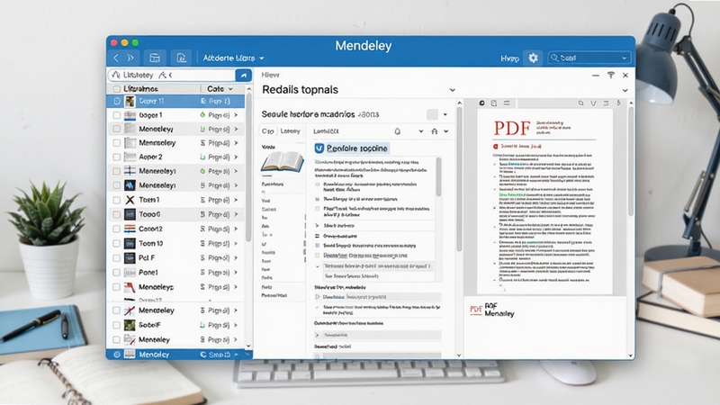 Mendeley 软件主界面展示,左侧文献库列表,右侧文献详情与PDF预览,背景为整洁的学术工作台,采用现代化扁平设计风格,色彩以蓝色和白色为主,整体清晰明亮,适合作为软件介绍的首图