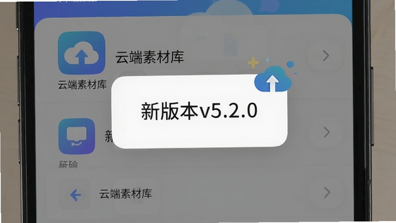 一键抠图软件更新界面,手机屏幕上显示“新版本v5.2.0”弹窗,背景是软件功能列表,包含新增的“云端素材库”图标,整体风格活泼,体现软件持续进化的特点。