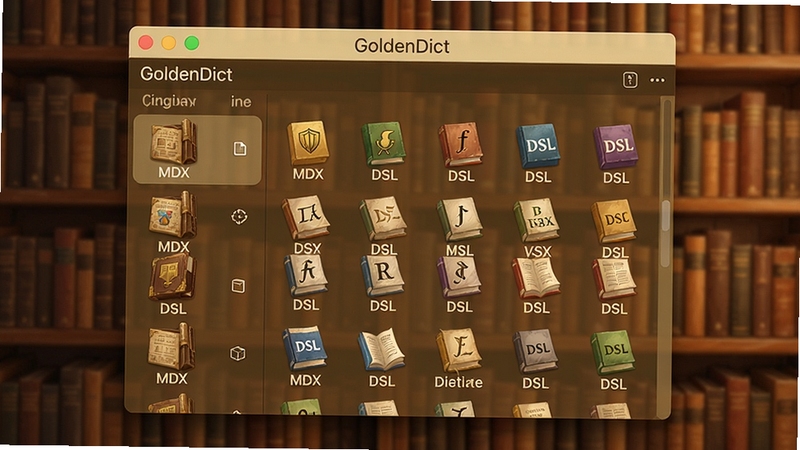 GoldenDict ���ض౾�ʵ��ļ�ʾ��ͼ��������ʾ�ʵ���б�����MDX��DSL�ȸ�ʽͼ�꣬����Ϊ���Ԫ�أ�����ɫ����ů�����ִʿ�ḻ������