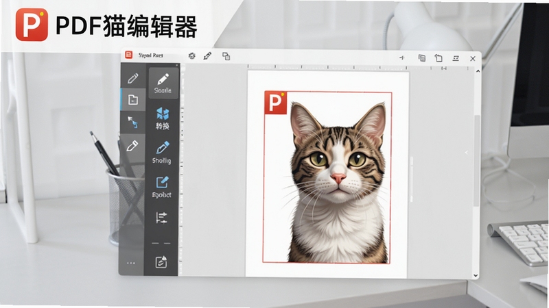 一张高清的PDF猫编辑器软件主界面预览图,画面中央显示一个打开的PDF文档,左侧工具栏包含编辑、转换、批注等图标,背景为浅灰色办公桌面,整体风格简洁明亮,突出软件名称“PDF猫编辑器”的logo,画面比例16:9