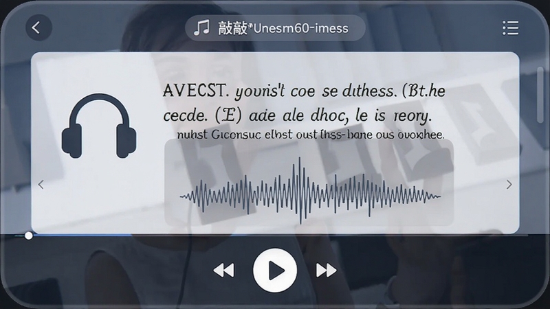 敲敲英语听力训练界面,展示一段英文对话文本,配有耳机图标和音频波形,背景有播放控制按钮,整体风格简洁现代,突出沉浸式学习体验