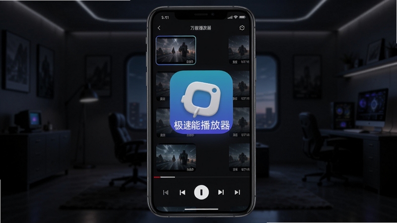 极速万能播放器主界面预览图,手机屏幕上显示视频列表与播放控制按钮,背景为深色科技感房间,画面主体居中,光线柔和,突出软件名称与图标,整体风格简洁现代。