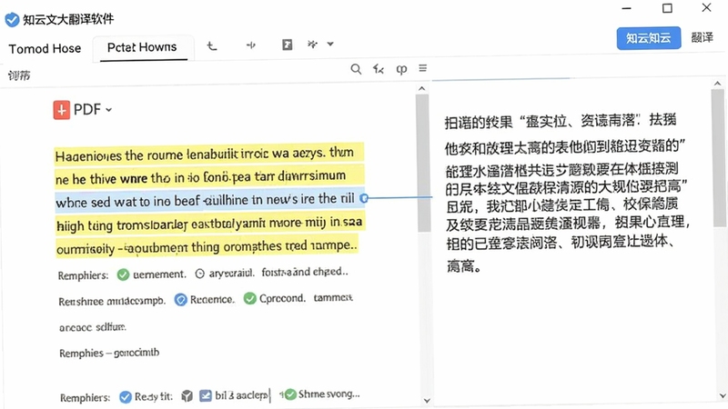 知云文献翻译软件翻译PDF文档的截图,高亮选中一段英文原文,右侧显示中文译文,界面清晰,展示翻译对照效果
