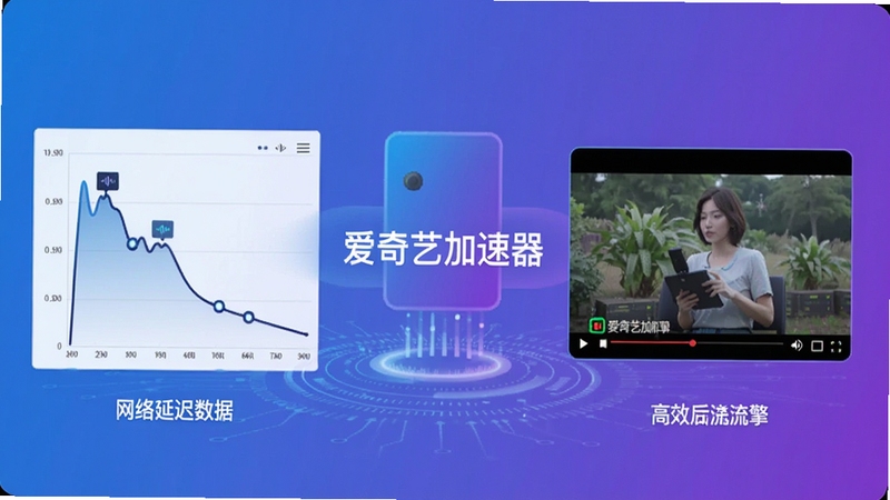 爱奇艺加速器智能优化引擎示意图,画面左侧显示网络延迟数据曲线,右侧为优化后的流畅视频播放窗口,整体色调以蓝紫渐变为主,突出科技感与高效性能,画面中央标注“爱奇艺加速器”字样