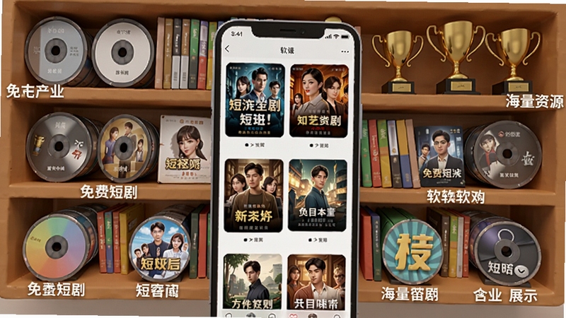免费短剧全剧多软件内容库展示图,画面中央为手机屏幕,显示各种短剧海报缩略图,背景为书架造型,书架上摆满光盘和影视奖杯,表明海量资源,使用3D渲染风格,清晰标注软件名称
