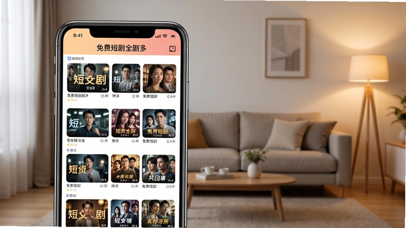 免费短剧全剧多软件主界面预览图,展示手机屏幕中丰富的短剧分类列表和热门剧集封面,背景为现代简约风格的客厅,暖色调灯光,画面清晰,突出软件名称“免费短剧全剧多”的界面元素