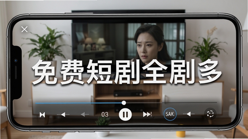 免费短剧全剧多高清播放界面示意图,画面为手机横屏播放短剧,画面清晰,背景是家庭客厅的电视柜,有绿植装饰,播放器控制栏有倍速和清晰度选项,突出软件名称“免费短剧全剧多”水印