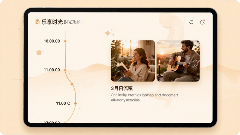 乐享时光时光轴功能界面,左侧为时间线,右侧显示对应照片和文字描述,色彩温暖,界面干净,突出时间流逝的视觉感