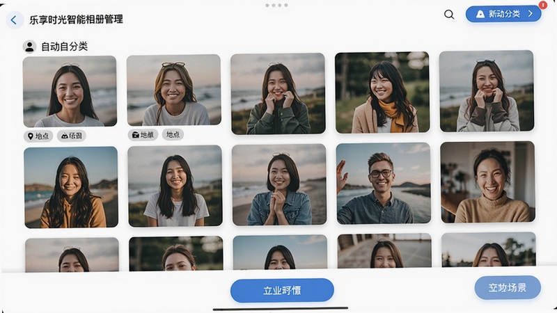 乐享时光智能相册管理界面,展示自动分类的人物、地点、场景标签,照片以网格形式排列,界面清爽,操作按钮明显
