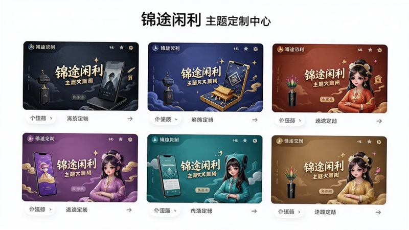 锦途闲利主题定制中心,展示多种主题皮肤预览,色彩丰富,界面设计时尚,体现个性化定制功能