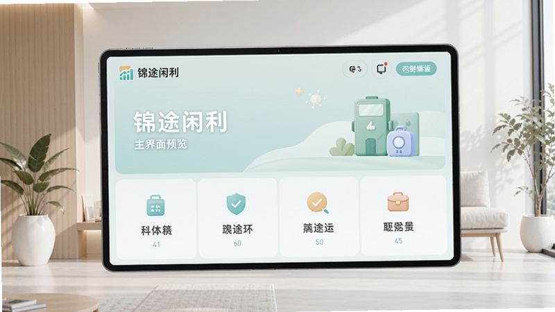 锦途闲利主界面预览图,展示其简洁清晰的布局和核心功能模块,背景为现代简约风格,整体色调柔和明快