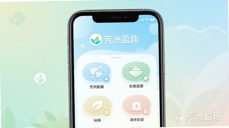 芳洲盈趣应用主界面预览图,展示其清新自然的UI设计,包含主功能图标与柔和色彩搭配,背景为简约渐变,主体居中,整体风格明亮轻快,适配手机竖屏展示,包含芳洲盈趣logo与水印