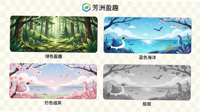 芳洲盈趣主题切换功能预览,展示四套不同风格的主题缩略图,包括绿色森林、蓝色海洋、粉色樱花和灰色极简,每个缩略图下方有主题名称,背景为浅色网格,整体布局清晰美观,包含芳洲盈趣品牌标识