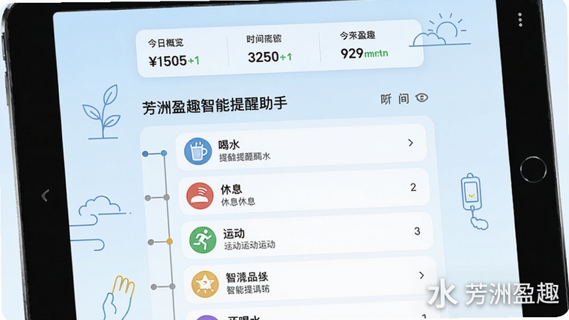 芳洲盈趣智能提醒助手界面,展示时间轴上的提醒事项列表,包含喝水、休息、运动等图标,顶部有今日概览统计,背景为淡蓝色渐变,搭配简洁的线条插画,整体风格清爽实用,显示芳洲盈趣品牌水印