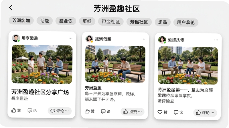 芳洲盈趣社区分享广场界面,展示用户发布的卡片式帖子,包含图片、文字和点赞评论按钮,顶部有话题标签栏,背景为浅灰色,卡片带有圆角阴影,整体风格现代化,屏幕上方显示芳洲盈趣社区字样