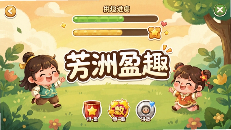 芳洲盈趣趣味互动界面截图,展示一个小游戏挑战场景,包含进度条、得分动画与奖励图标,背景采用暖色调插画风格,人物角色活泼可爱,突出轻松愉快的互动氛围,画面中央显示芳洲盈趣字样
