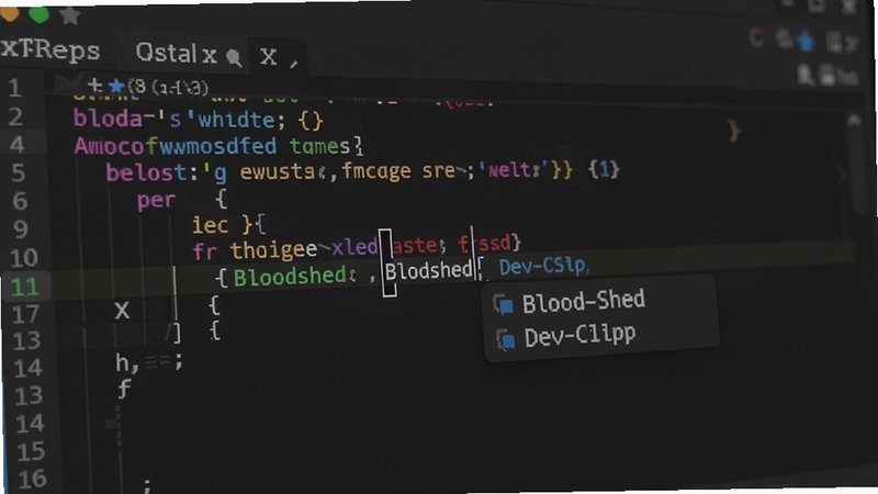 Bloodshed Dev-Cpp代码编辑器特写,展示彩色语法高亮和代码提示功能,光标位于代码行中,背景为深色编辑器主题,整体视觉清晰专业。