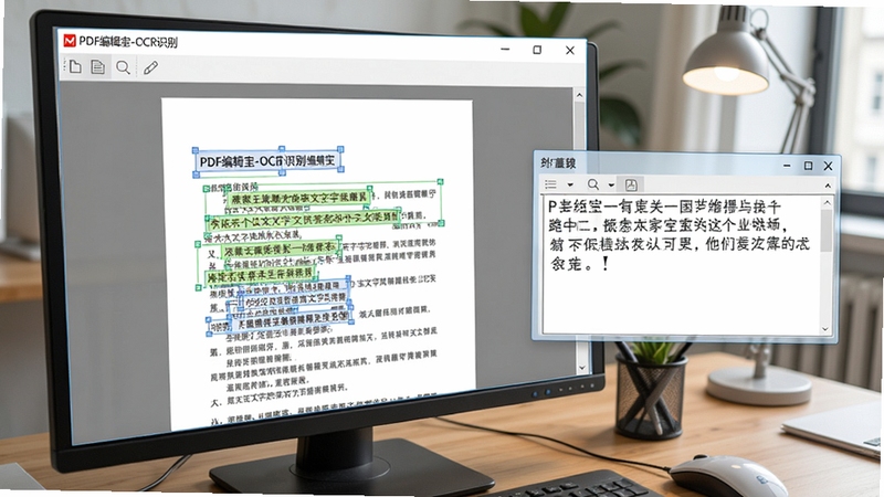չʾPDF�༭������OCR����ʶ��Ĺ��̣���Ļ����ʾɨ���ĵ��е����ֱ�������ѡ���Աߵ����ɱ༭�ı��򣬱���Ϊ�칫���棬�������ڱ�������ʾ��PDF�༭��-OCRʶ�𡱣���������ֱ��