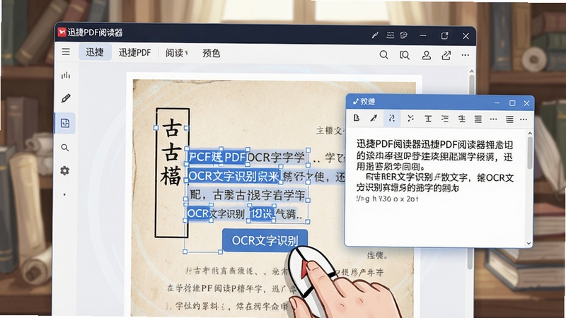 һ����д��ͷ���Ĳ廭������������һ��ɨ���ֽ�ʹż�PDF�ĵ���Ѹ��PDF�Ķ���������չʾ���������OCR����ʶ�𡱰�ť���ĵ��ϵ������𽥱�ɿ�ѡ��״̬��������ɫ�߹⣬�Ա�������ʶ����Ĵ��ı��༭�򣬱���Ϊ���ŵ�ѧ���о�������������ͻ���Ƽ�����ѧ���У�������Ѹ��PDF�Ķ���������Ԫ��