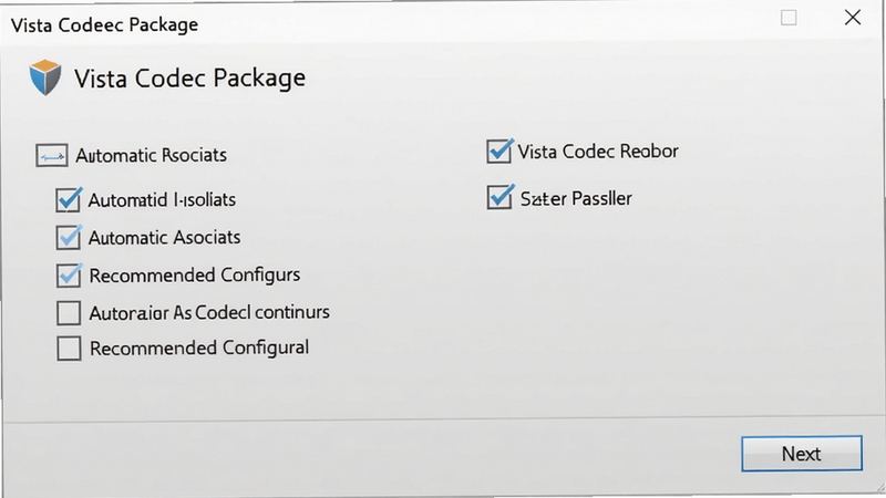Vista Codec Package ��װ�򵼽��棬��ʾ�Զ��������Ƽ�����ѡ�����Ϊǳ��ɫ���䣬����Ϊ��ѡ������һ����ť��������������ͻ�����ܰ�װ����