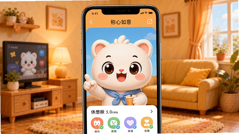 称心如意APP主界面预览图,画面中央是一个可爱的卡通吉祥物,背景是温馨的暖色调房间,整体风格明亮活泼,展示应用核心的休闲互动场景,画面清晰,色彩饱满,适配移动端竖屏显示