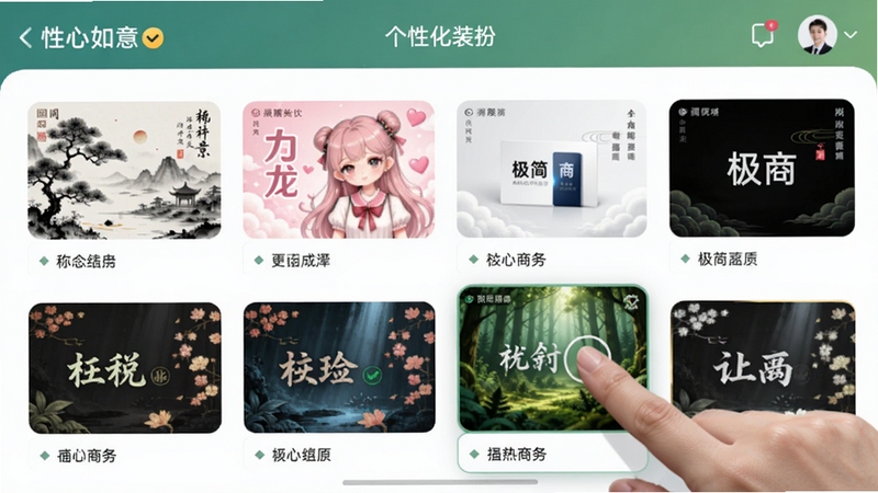 称心如意APP的个性化装扮界面,展示多款不同风格的主题皮肤缩略图,包括水墨国风、粉色少女、极简商务等,用户正在点击选择一款绿色森林主题,界面设计简洁,色彩搭配和谐,体现高度自定义特性