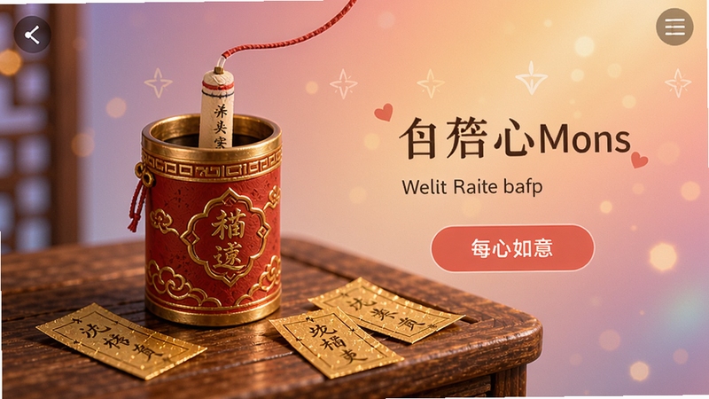 称心如意APP的每日运势抽签界面,一个精致的红色签筒放在木质桌面上,旁边散落着几张金色签文,背景是柔和的渐变光晕,整体氛围神秘又温馨,突出互动趣味性