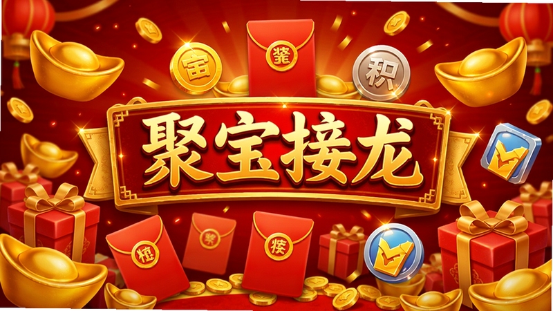 聚宝接龙奖励界面示意图,画面展示金币、红包、积分等奖励元素,背景为喜庆的红色,金色元宝和礼盒散落其间,中央有“聚宝接龙”字样的金色横幅,整体风格华丽,突出奖励机制的丰厚与吸引力