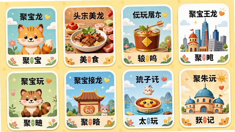 聚宝接龙特色玩法展示图,画面中展示多个不同主题的接龙卡片,如动物、美食、城市等,每张卡片上都有对应的图案和文字,背景为浅黄色,卡片排列整齐,色彩鲜艳,突出“聚宝接龙”的多样化主题选择,画风清新