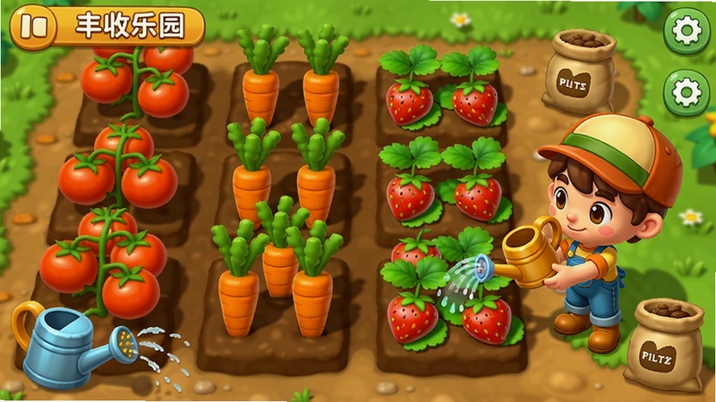 丰收乐园游戏内种植界面,展示一排排整齐的菜地,种着西红柿、胡萝卜和草莓,旁边有卡通水壶和肥料袋,一位玩家角色正在给作物浇水,画面生动,色彩丰富,体现游戏的真实种植乐趣。