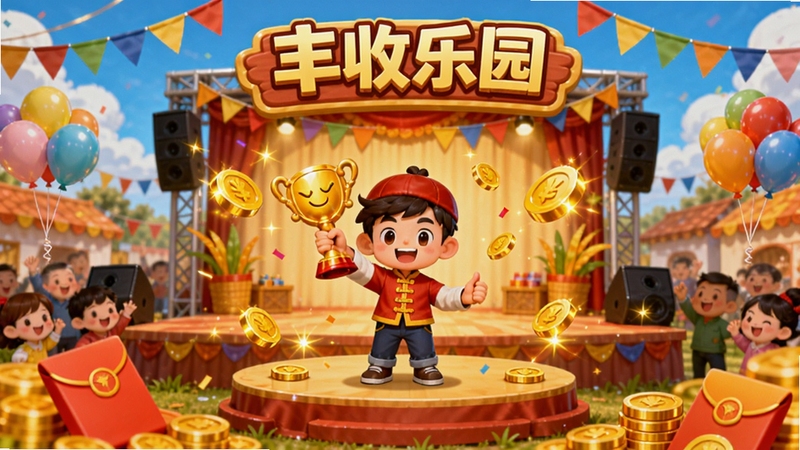 丰收乐园游戏活动界面,展示一个热闹的丰收节场景,有舞台、彩旗和气球,玩家角色在台上领奖,周围有金币和红包特效,画面喜庆,色彩明亮,突出活动氛围。