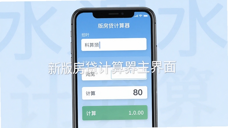新版房贷计算器主界面截图,展示简洁的输入框与计算结果区域,背景为淡蓝色渐变,手机模型居中,画面清晰明亮,突出软件名称水印
