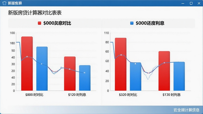 新版房贷计算器对比表格界面,两种还款方式并列展示,红色和蓝色柱状图对比利息,背景为白色,视觉清晰,软件名称置于角落