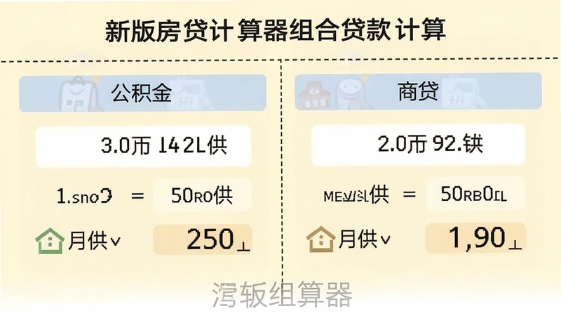 新版房贷计算器组合贷款计算页面,分为公积金和商贷两个模块,各自显示月供与利息,背景为浅黄色,模块间用虚线分隔,软件名称水印在下方