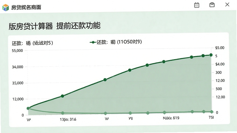 新版房贷计算器提前还款功能页面,显示还款前后利息对比曲线,背景为浅绿色,曲线为深绿色,界面简约,软件名称标识在左上角