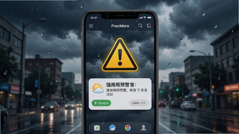 多彩天气预警推送界面,手机屏幕显示强降雨预警通知,背景为乌云密布的城市街道,雨滴清晰可见,预警标识醒目,整体氛围紧张但不失专业感