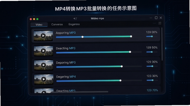MP4ת��MP3����ת������ʾ��ͼ��������ͬʱ��ʾ�����Ƶ�ļ��б���ÿ���ļ�����ת��������������Ϊ��ɫ�ִ����ͻ����Ч������������