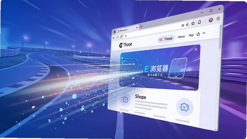 Thooe随E浏览器极速加载功能示意图,前景为浏览器页面以光速线条飞入屏幕,背景为抽象的速度感赛道,蓝紫色渐变色调,画面动感十足,突出秒开网页的流畅体验,整体明亮清晰,无文字