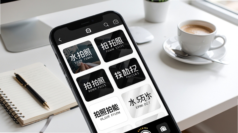 一张智能手机屏幕特写,屏幕中清晰显示水印拍照全能打卡相机软件的主界面,界面包含多种水印模板预览,背景为现代简约的办公桌,桌上放着笔记本和咖啡杯,画面明亮清晰,突出软件的实用性和专业性,整体风格干净整洁,适合作为软件功能展示图