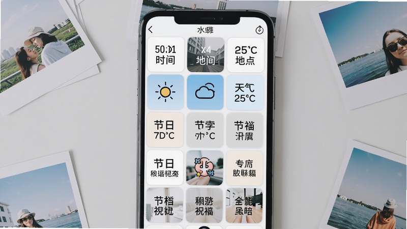 水印拍照全能打卡相机软件的水印模板选择界面,屏幕上展示多宫格水印样式,包括时间地点、天气温度、节日祝福等,背景为浅灰色桌面,周围散落着一些打印出来的照片样张,整体画面简洁明了,重点突出水印模板的丰富多样性