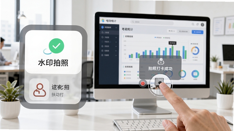 水印拍照全能打卡相机软件在手机桌面上的快捷打卡小组件,手指正点击悬浮球,屏幕弹出拍照打卡成功提示,背景为明亮办公室环境,电脑屏幕上显示考勤统计图表,画面突出快速打卡的高效便捷性