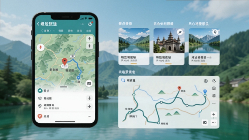 旅途主界面预览图,展示首页地图导航与景点卡片,整体风格清新自然,背景为模糊的青山绿水,前景为简洁的路线规划面板,画面明快,适配Boogu模型生成