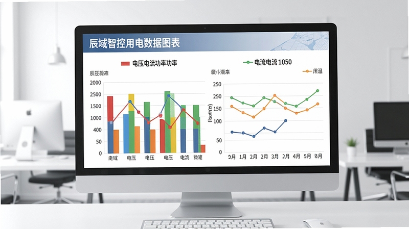 辰域智控用电数据图表展示,屏幕中显示彩色柱状图与折线图,标注电压电流功率参数,背景为简洁办公桌面,图表数据清晰可辨,画面风格干净明亮