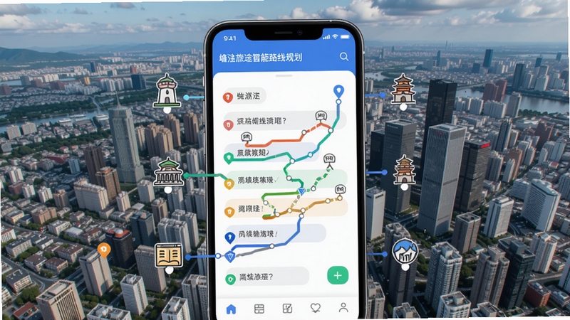 旅途智能路线规划功能展示,手机屏幕上显示多条彩色路线备选,周围有地标小图标,背景是城市俯瞰图,界面清晰,细节丰富